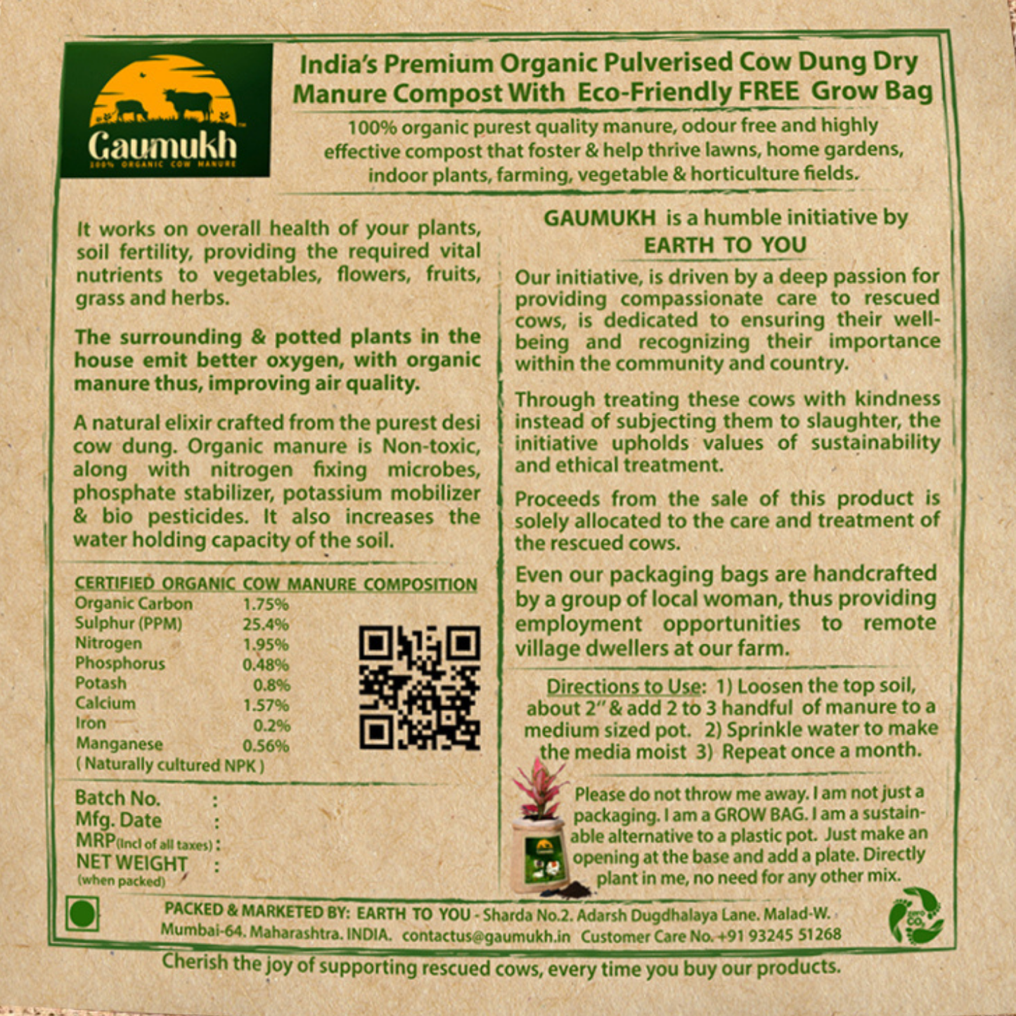 100% organic cow dung dry manure compost 1KG